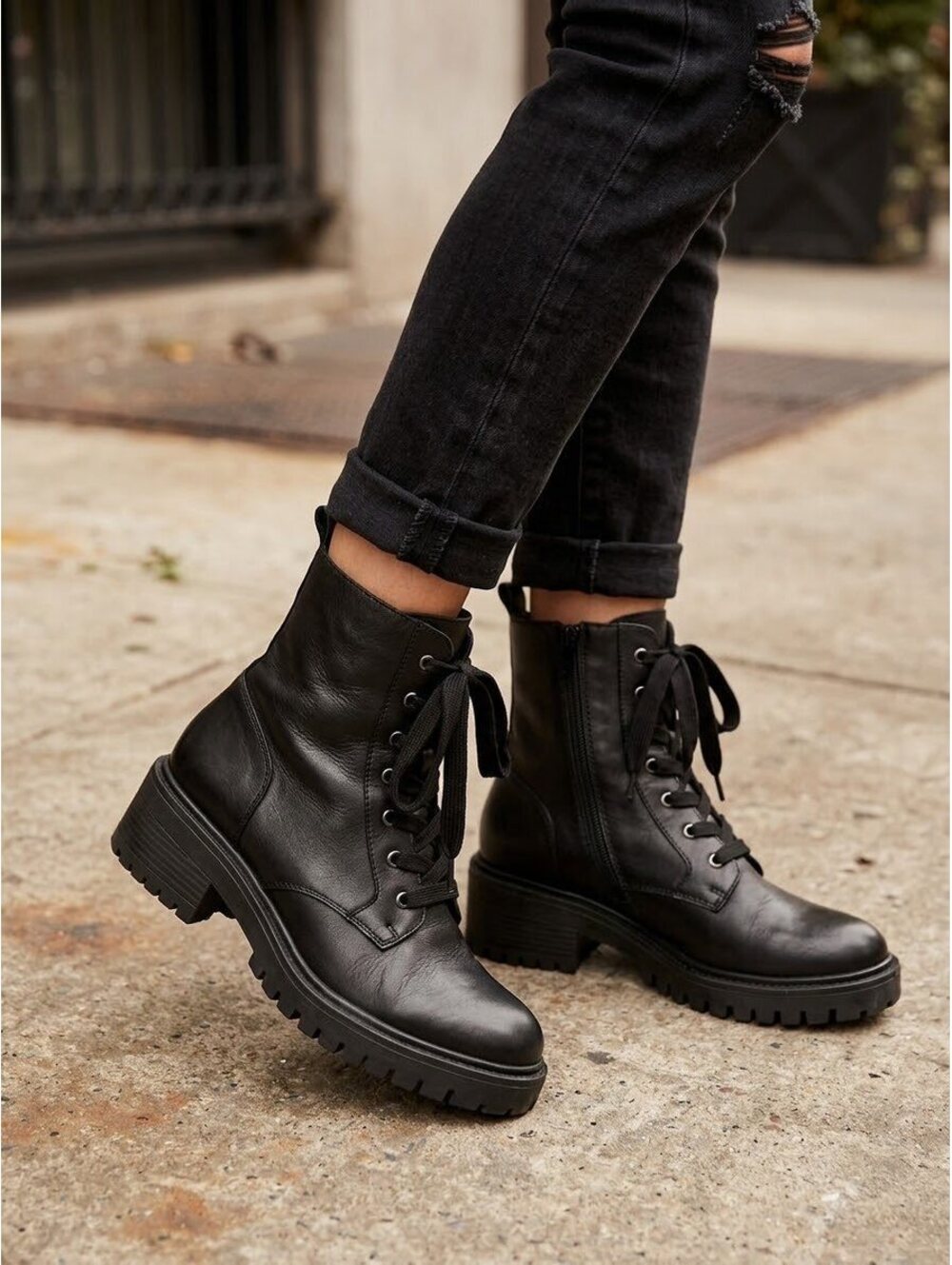 Crown Vintage Black Combat Booties Leather Lace Up Zip Size 8M